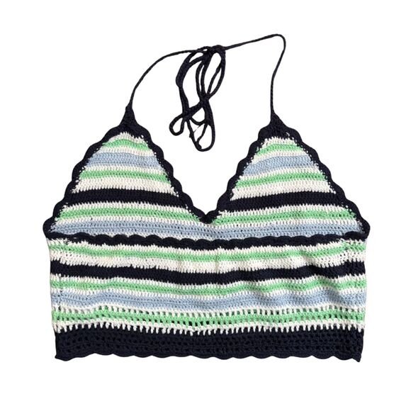 Aerie NWT Striped Crochet Knit Halter Top Blue Green White M/L Boho Summer - Picture 3 of 5